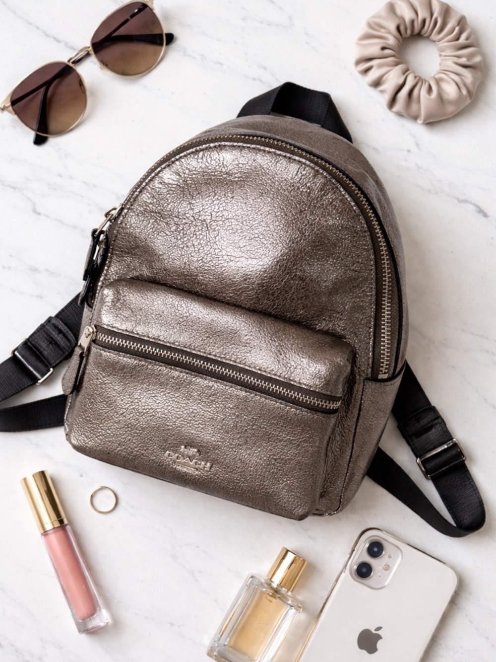 Coach Metallic Pewter Mini Backpack with Black Straps